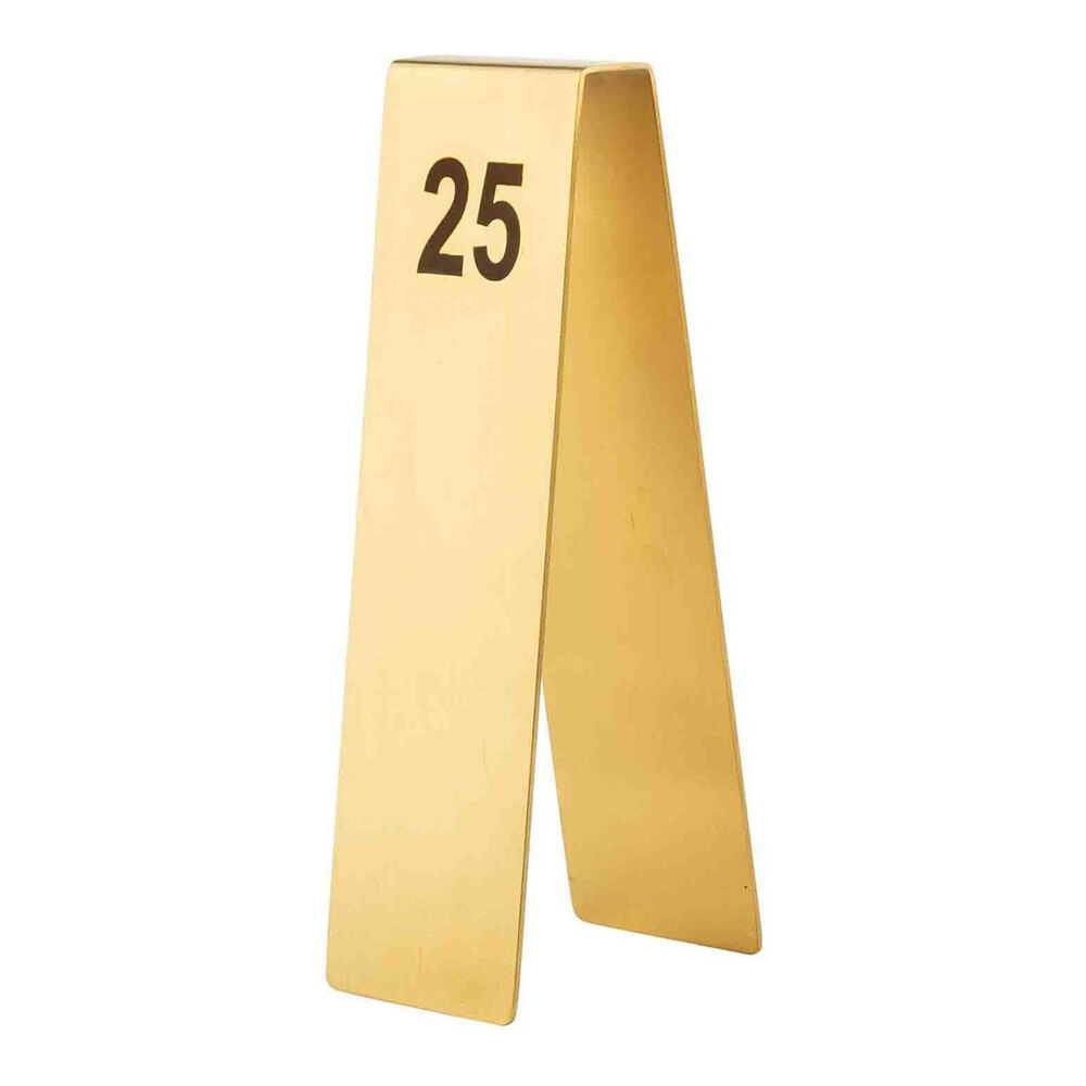 Tablecraft 2 3/4" x 6 3/4" Gold Stainless Steel Number Table Tents - 1 to 25