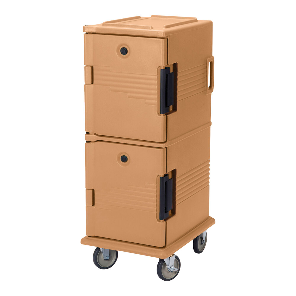 Cambro UPC800SP157 Ultra Camcart® Coffee Beige Insulated Food Pan Carrier with Heavy-Duty Casters and Security Package - Holds 12 Pans
