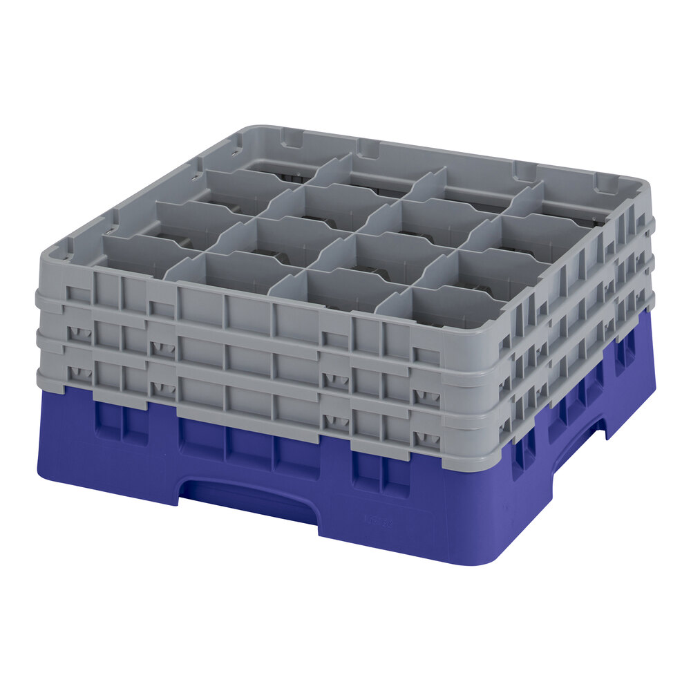Cambro 16S738186 Camrack 7 3/4" High Customizable Navy Blue 16 Compartment Glass Rack with 3 Extenders