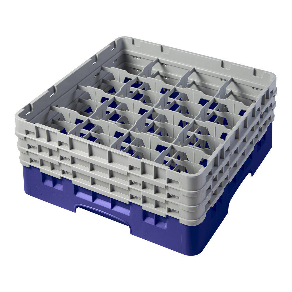 Cambro 16S638186 Camrack 6 7/8" High Customizable Navy Blue 16 Compartment Glass Rack with 3 Extenders