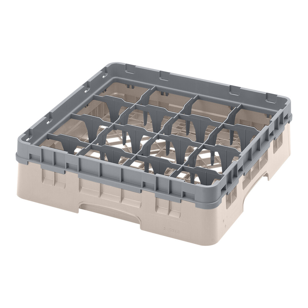 Cambro 16S318184 Camrack 3 5/8" High Customizable Beige 16 Compartment Glass Rack with 1 Extender