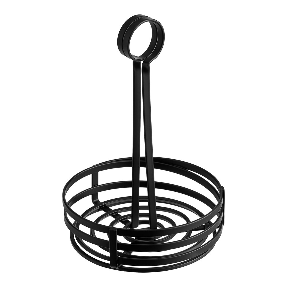 Choice Black Flat Coil Round Wrought Iron Condiment Caddy with Card Holder - 6" x 9 1/2"