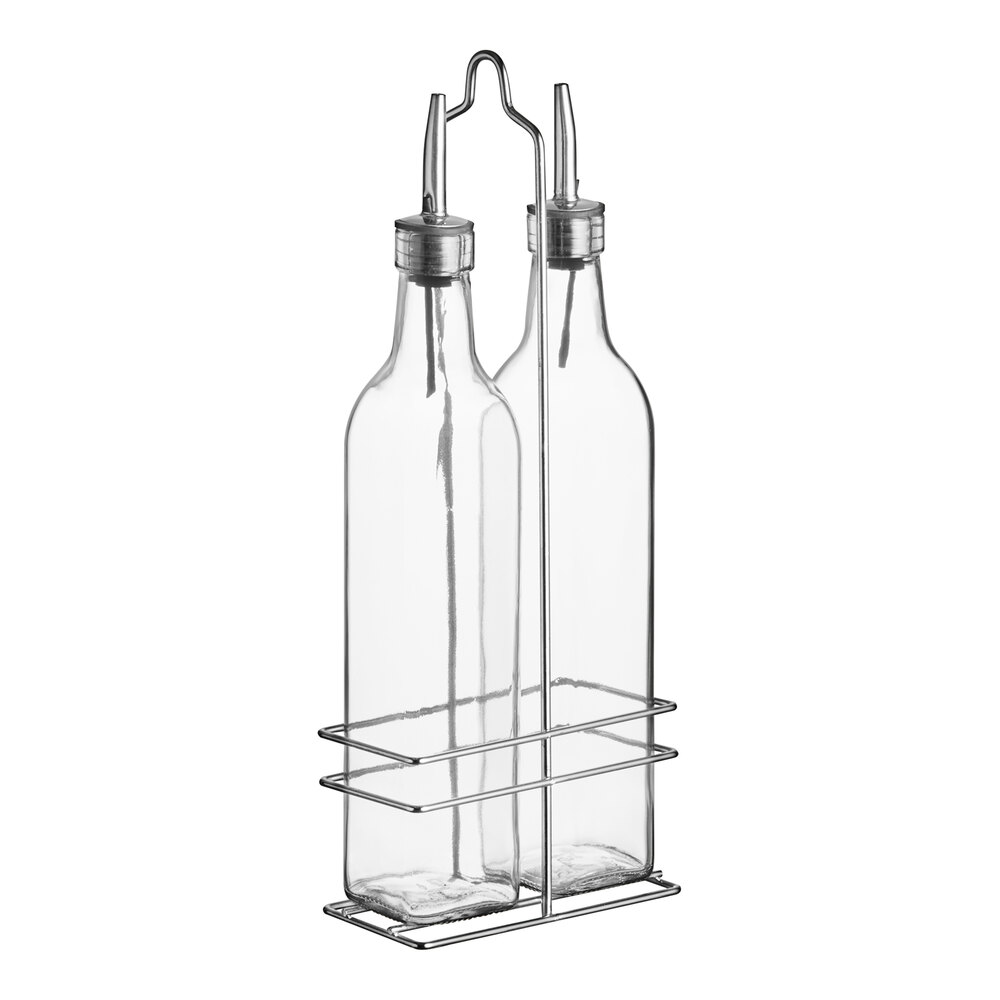 Choice 16 oz. 3 Piece Oil & Vinegar Cruet Set with Rack