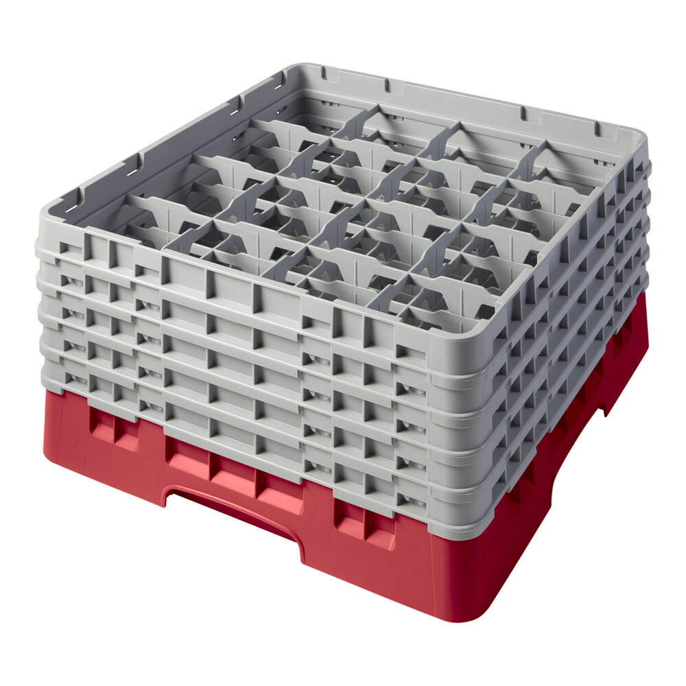 Cambro 16S958163 Camrack Customizable 10 1/8" High Customizable Red 16 Compartment Glass Rack with 5 Extenders