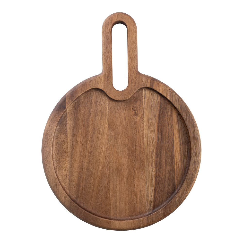 Tablecraft Acacia Collection 10" Round Rimmed Acacia Wood Serving Board with Handle - 8/Case
