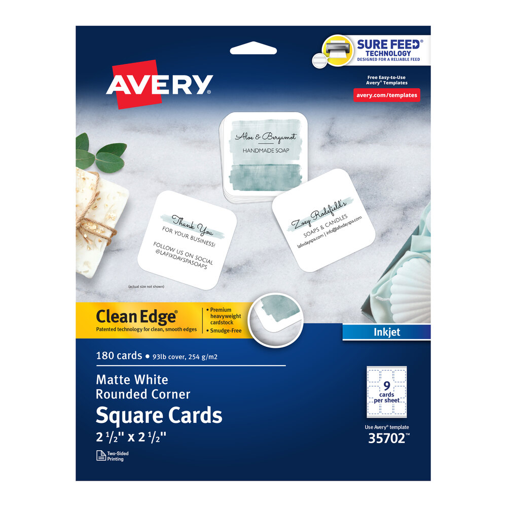 Avery® Clean Edge 35702 2 1/2" Square Cards with Rounded Edges for Inkjet Printers - 180/Pack