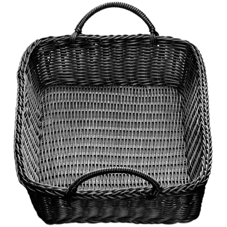Tablecraft M2493H Black Rectangular Rattan Basket with Handles 19" x 14" x 4"