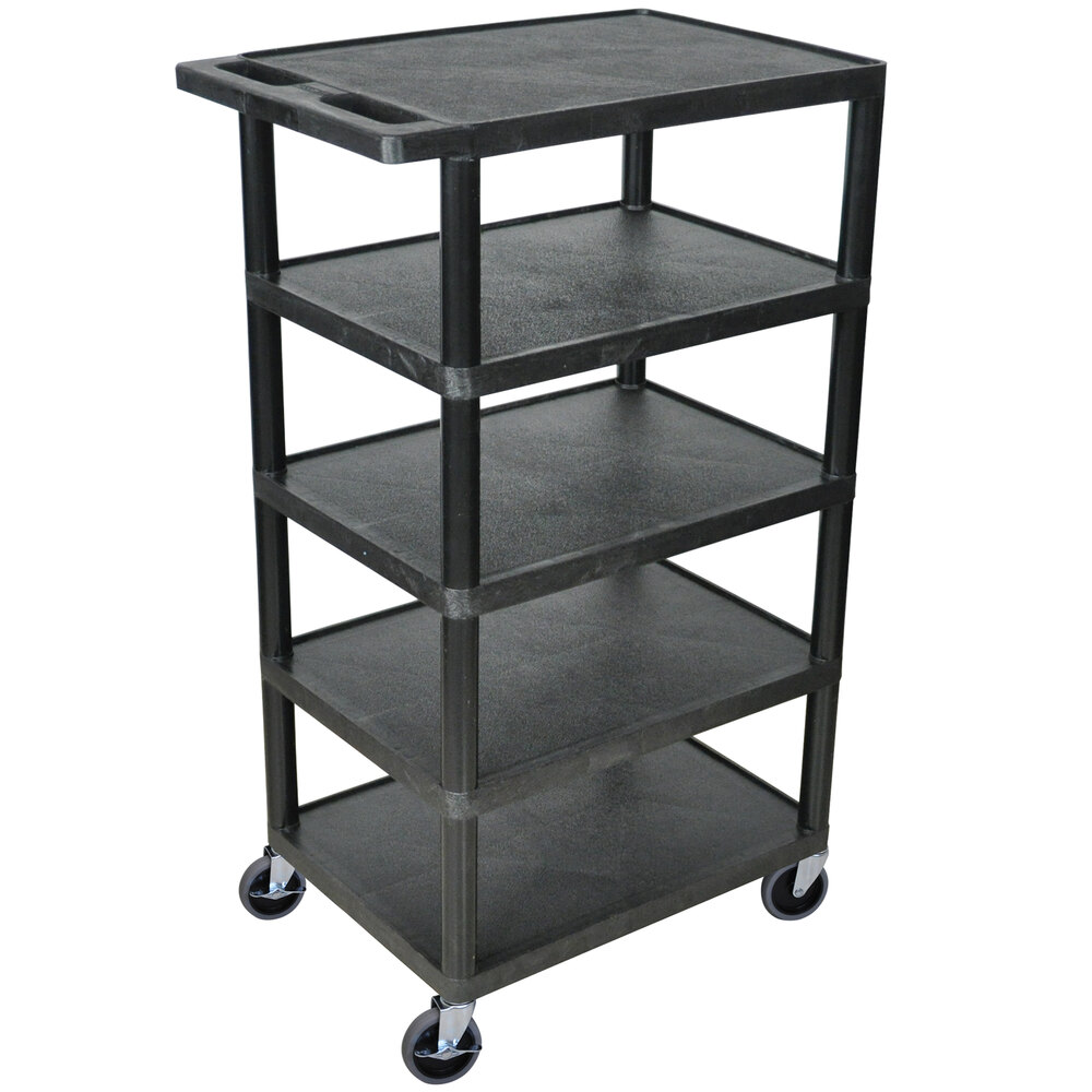 Luxor BC50-B Black 5 Flat Shelf Structural Foam Plastic Utility Cart - 18" x 24" x 46"