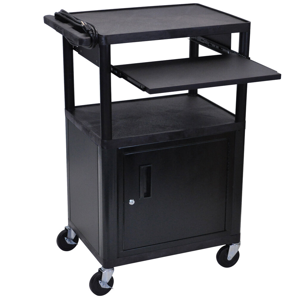 Luxor LP42CLE-B 3-Shelf Plastic AV Cart with Steel Locking Cabinet - 24" x 18" x 42"