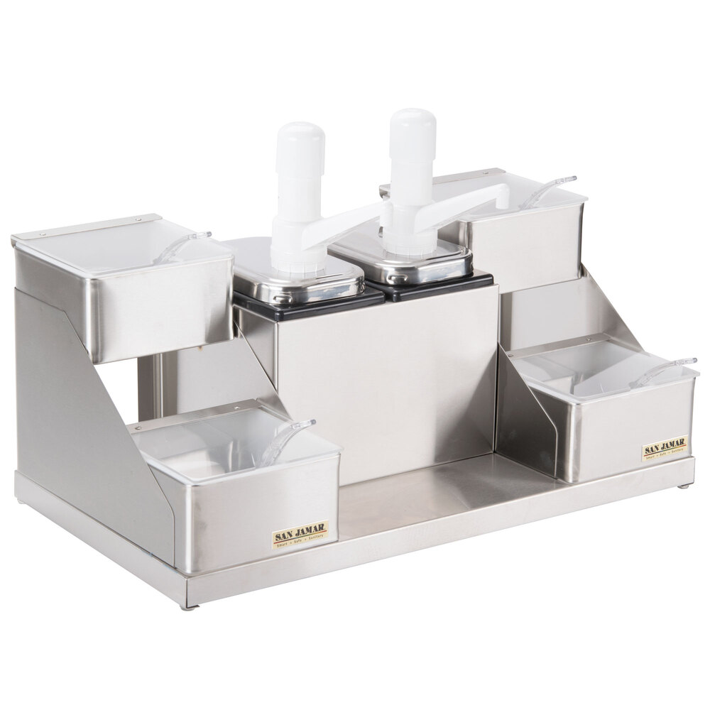 San Jamar P9724 Dual Pump Condiment System with 4-Compartment Two Tier Stainless Steel Condiment Holder