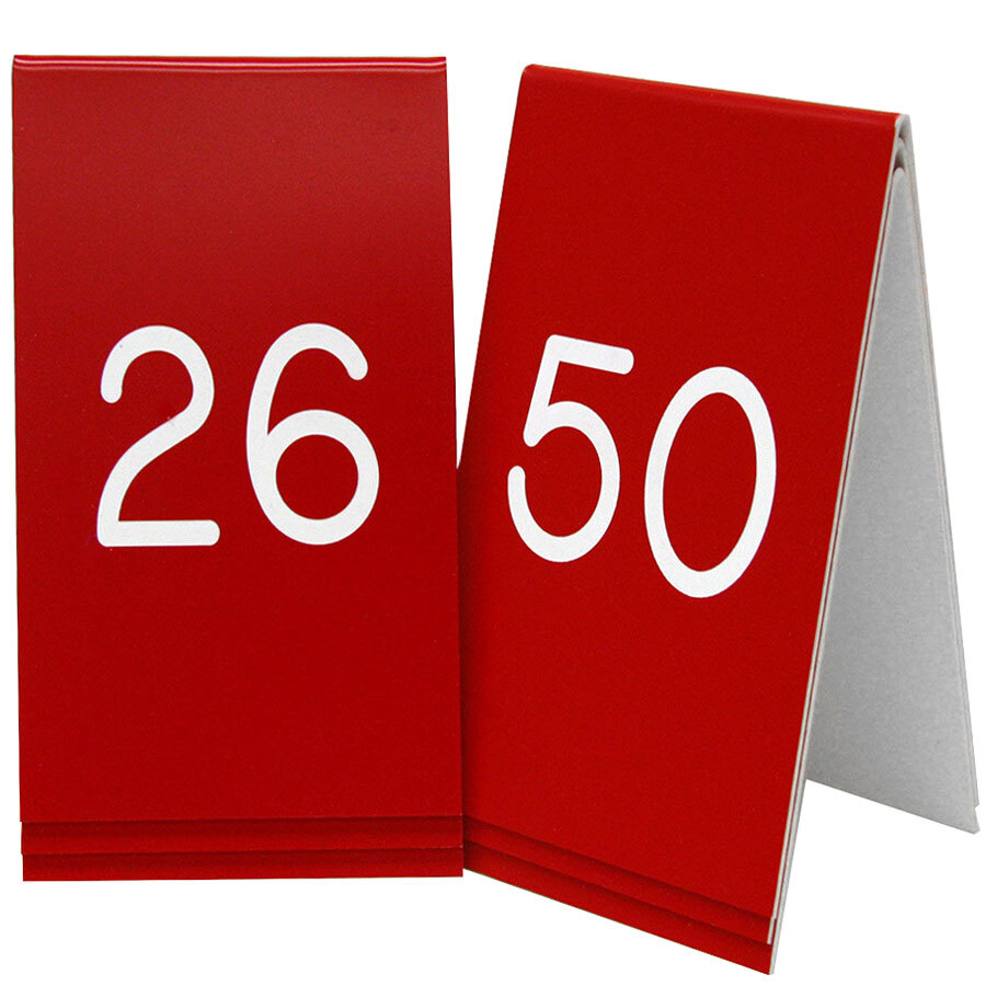 Cal-Mil 271B-1 3 1/2" x 5" Red Engraved Number Table Tents - 26 to 50