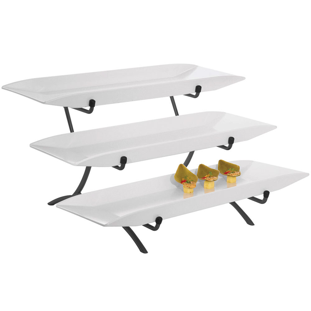 Cal-Mil SR1033-13 Black Three Tier Metal Incline Stand with Melamine Platters - 18" x 23" x 12"
