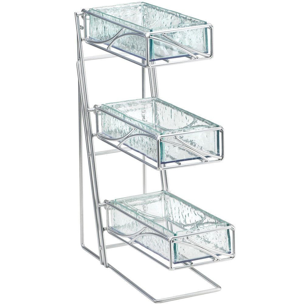 Cal-Mil 1235-39-43 Platinum 3-Tier Metal Flatware / Condiment Display with Faux Glass Bins
