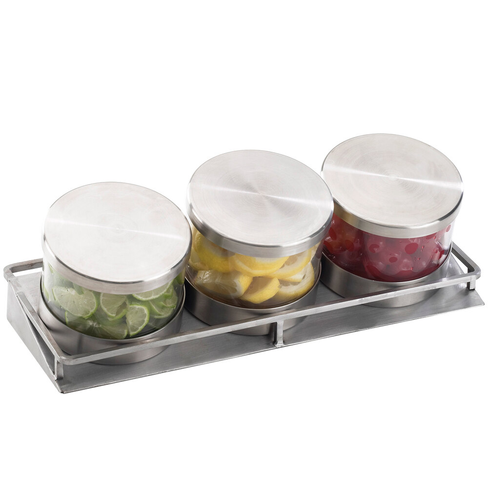 Cal-Mil 1850-5-55 Mixology Stainless Steel Three 32 oz. Jar Horizontal Display with Metal Lids - 16 1/2" x 6" x 6 3/4"