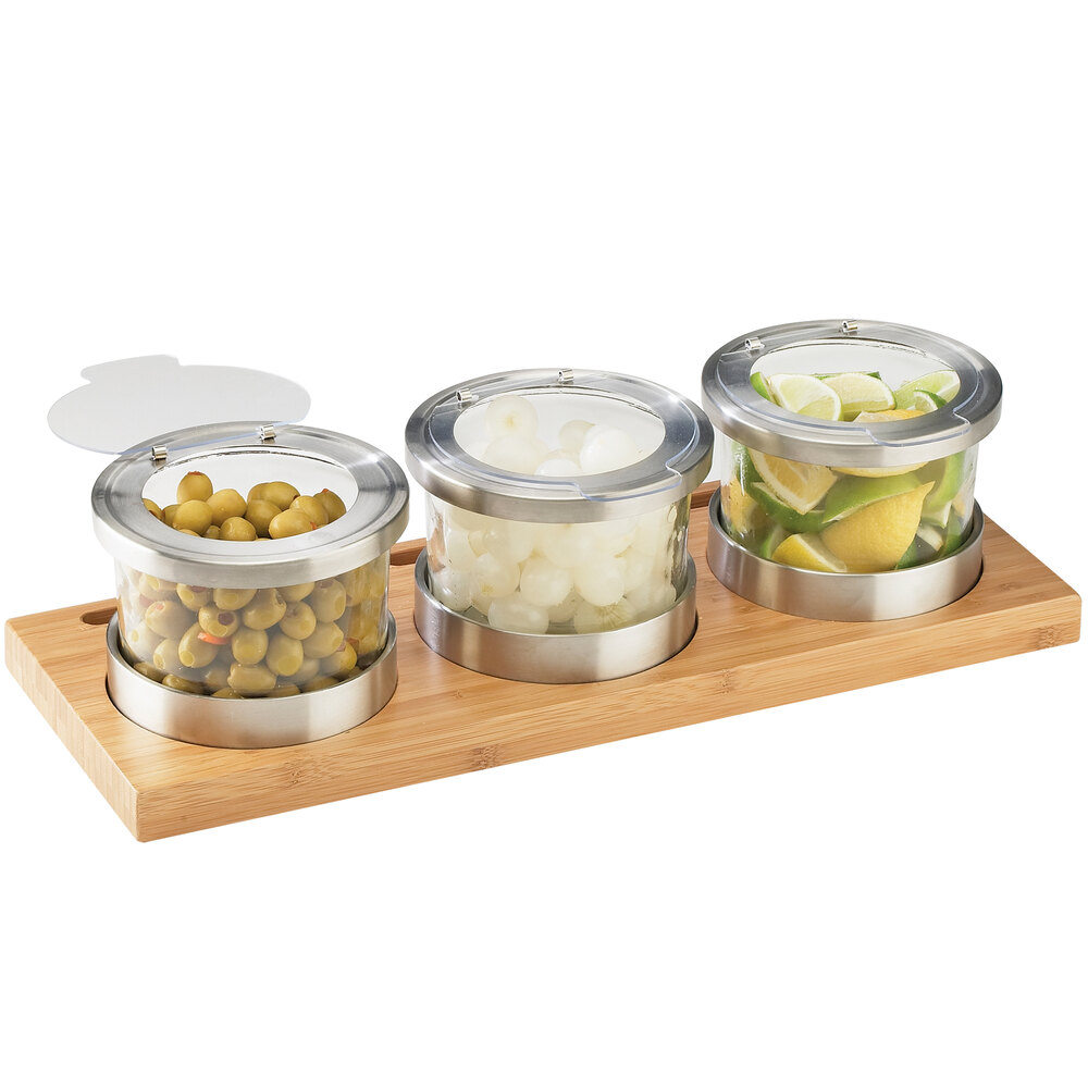 Cal-Mil 1850-4-60HL Mixology Bamboo Three 16 oz. Jar Horizontal Display with Hinged Lids - 16" x 6" x 4"