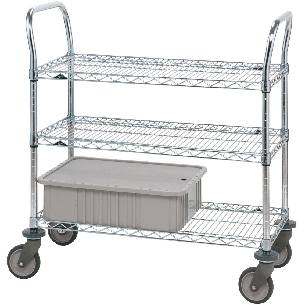 Metro 3SPN43PS Super Erecta Stainless Steel Three Shelf Heavy Duty Utility Cart with Polyurethane Casters - 21" x 36" x 39"