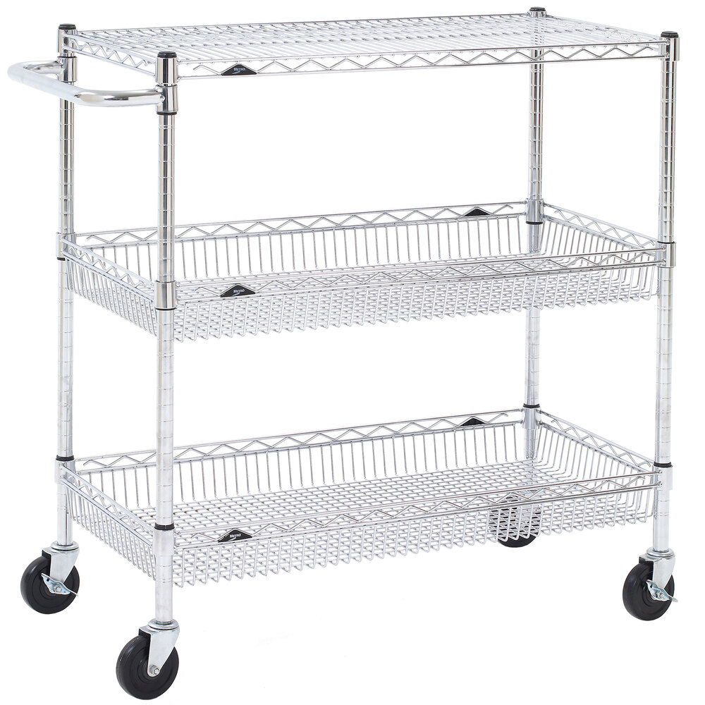 Metro Super Erecta BASCART-SR Chrome Three Shelf Utility Basket Cart with Casters - 18" x 36" x 40"