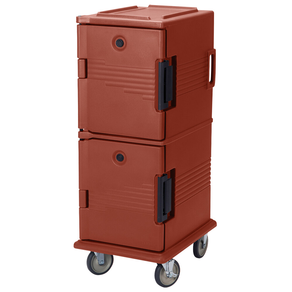 Cambro UPC800SP402 Ultra Camcart® Brick Red Insulated Food Pan Carrier with Heavy-Duty Casters and Security Package - Holds 12 Pans