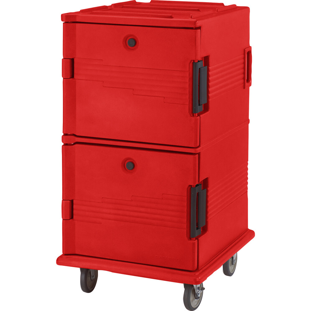 Cambro UPC1600SP158 Ultra Camcart® Hot Red Insulated Food Pan Carrier with Heavy-Duty Casters and Security Package - Holds 24 Pans