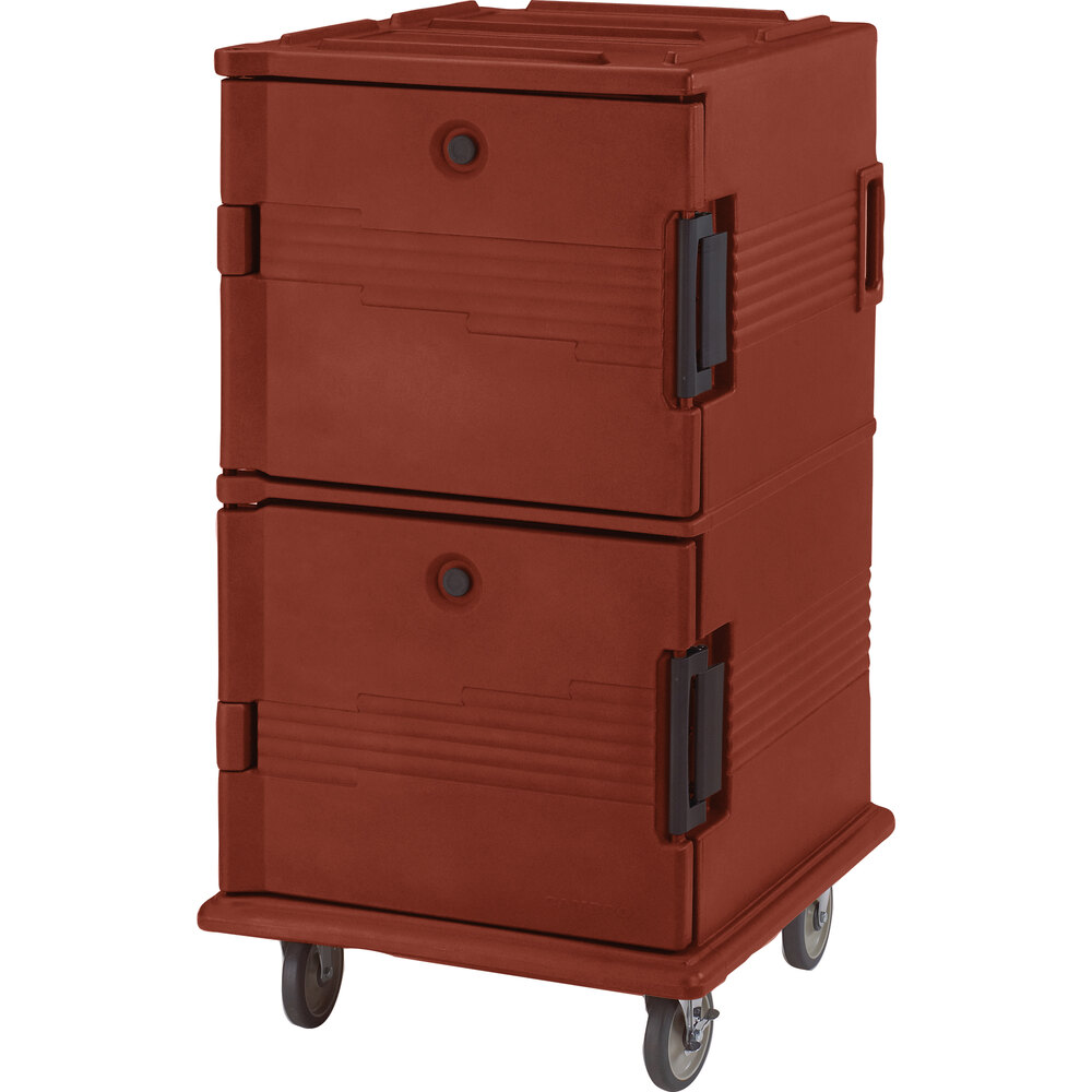 Cambro UPC1600SP402 Ultra Camcart® Brick Red Insulated Food Pan Carrier with Heavy-Duty Casters and Security Package - Holds 24 Pans