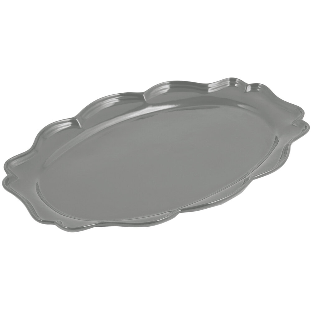 Bon Chef 2027 Queen Anne 12 1/2" x 16" Platinum Gray Sandstone Finish Cast Aluminum Oval Platter