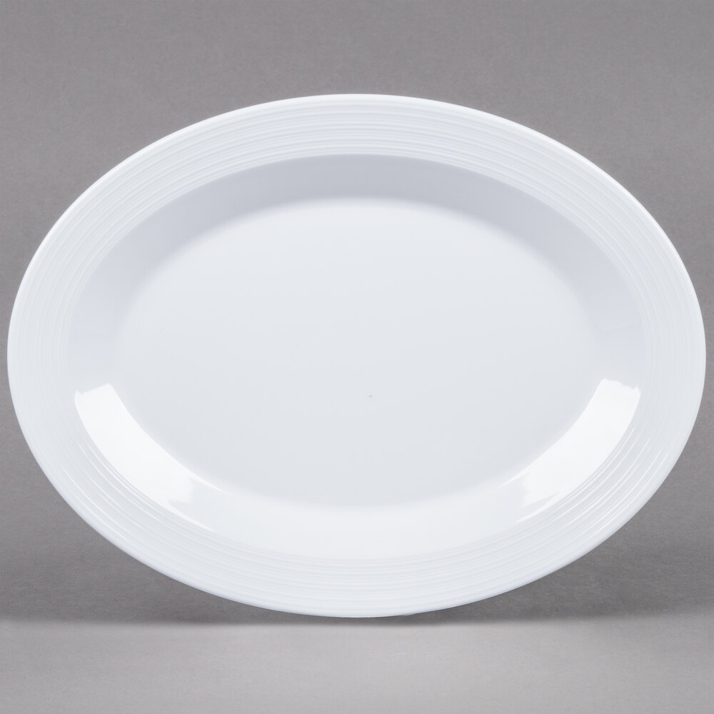 GET PT-129-MN-W Minski 12" x 9" White Melamine Textured Rim Oval Platter - 12/Case