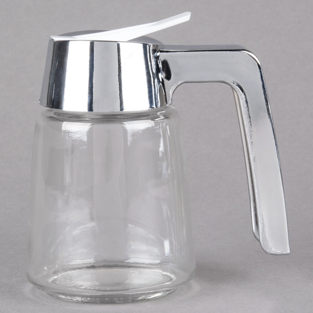 Tablecraft 1270 8 oz. Modern Glass Syrup Dispenser with Chrome Plated ABS Top
