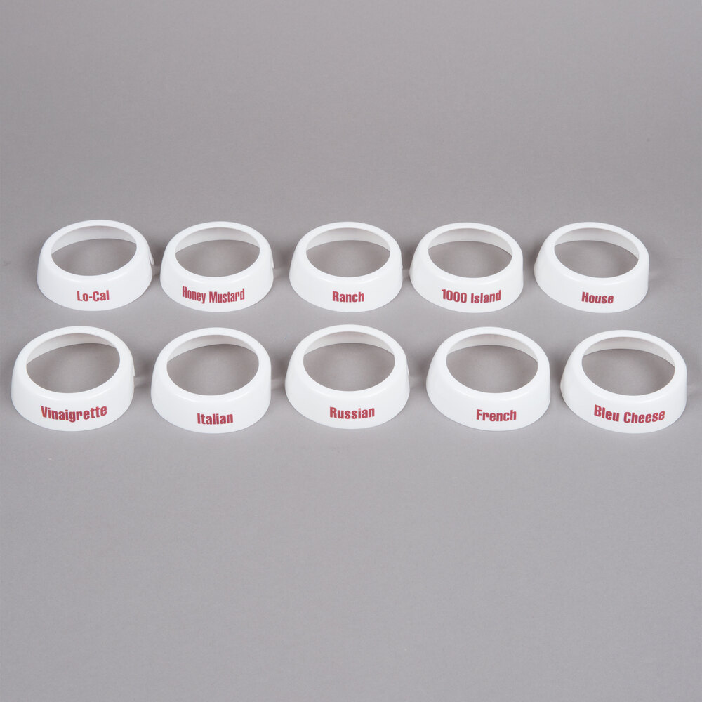 Tablecraft CM12 10-Piece Imprinted White Plastic Salad Dressing Dispenser Collar Set with Maroon Lettering