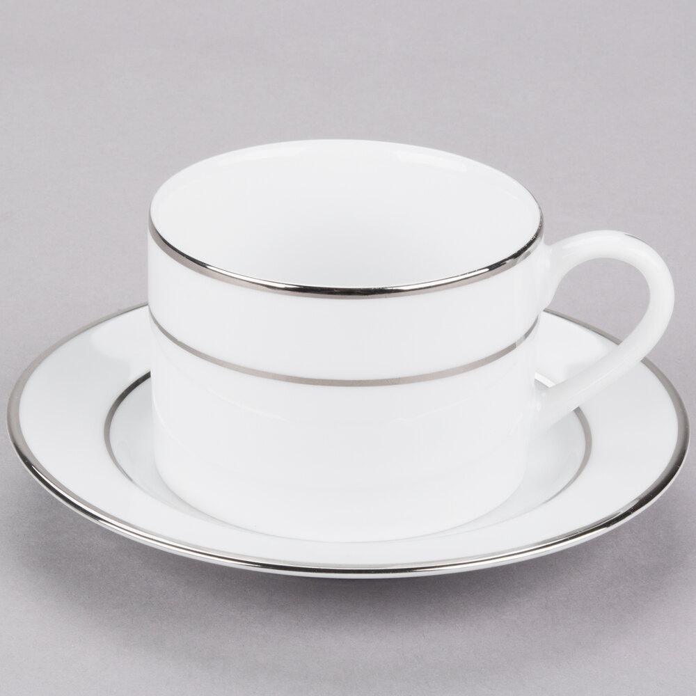 10 Strawberry Street DSL0009 6 oz. Double Line Silver Porcelain Can Cup with Saucer - 24/Case